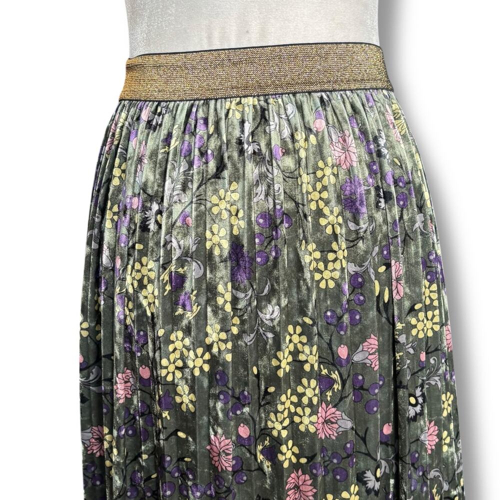 ModCloth Green Floral Pleated Velvet Midi Skirt Gold Glitter Waist Romantic - Picture 2 of 11